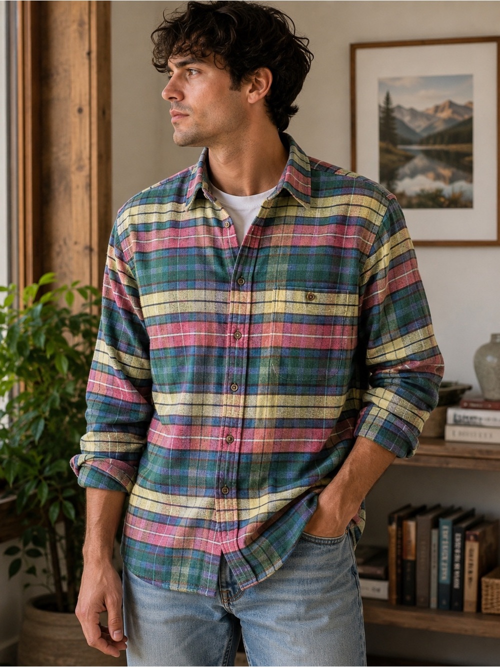 Vintage Lands’ End Men’s Large Plaid Flannel Shirt 100% Cotton Multicolor 90s